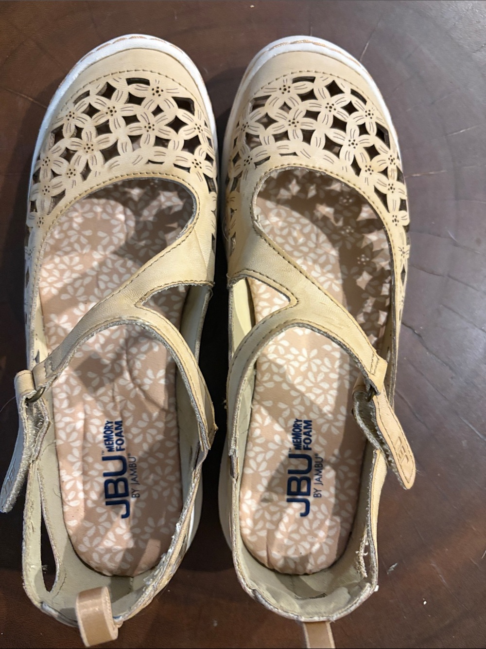 JBU Women's Light Beige Floral Cutout Mary Jane Flats